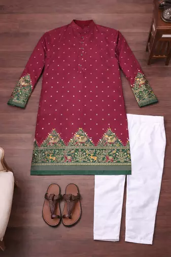 wine dola silk kurta payjama set with patola print