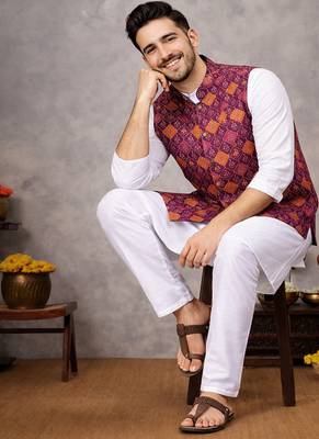 wine jacquard koti kurta pajama set for men 4