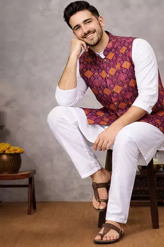 wine jacquard koti kurta pajama set for men