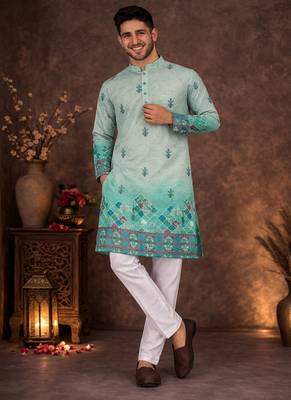 turquoise rayon cotton zari weaving kurta pajama 4