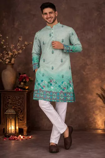 turquoise rayon cotton zari weaving kurta pajama