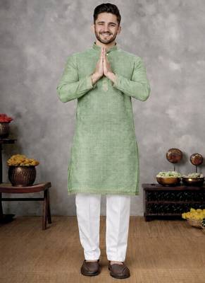 pista green jacquard linen silk kurta pajama set for men 3