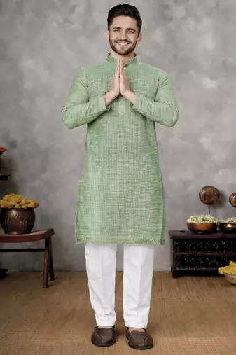 pista green jacquard linen silk kurta pajama set for men