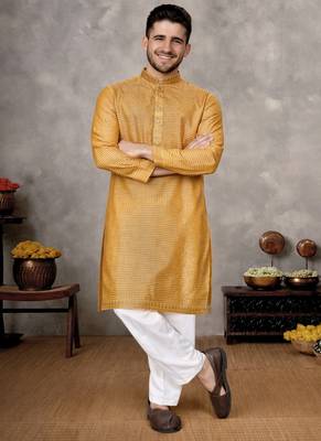 mustard jacquard linen silk kurta pajama set for men 2
