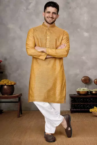 mustard jacquard linen silk kurta pajama set for men