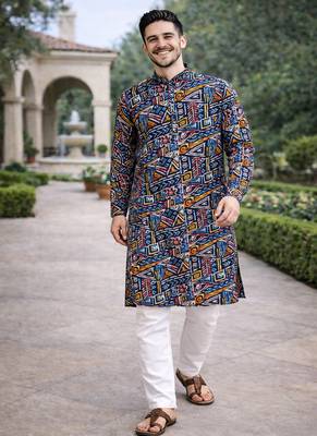 navy blue multicolour foil print cotton kurta pajama set for men 3