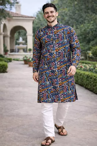 navy blue multicolour foil print cotton kurta pajama set for men