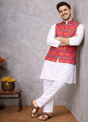 rani pink jacquard silk koti kurta pajama set for men 3