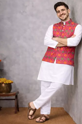 rani pink jacquard silk koti kurta pajama set for men