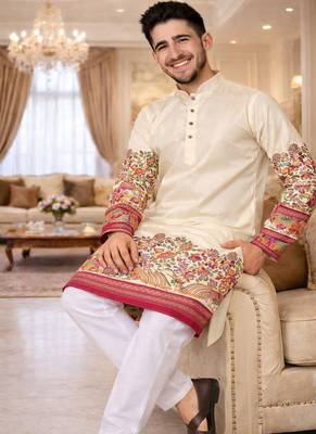 off white patola foil print dola silk kurta pajama set for men | elegant festive wear 1