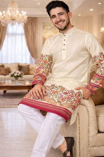 off white patola foil print dola silk kurta pajama set for men | elegant festive wear