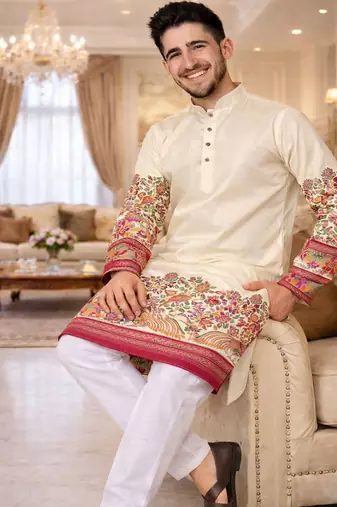 off white patola foil print dola silk kurta pajama set for men | elegant festive wear