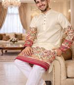 off white patola foil print dola silk kurta pajama set for men | elegant festive wear
