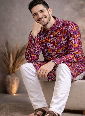 wine geometric multicolour foil print cotton kurta pajama set for men 3