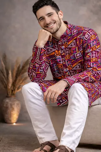 wine geometric multicolour foil print cotton kurta pajama set for men
