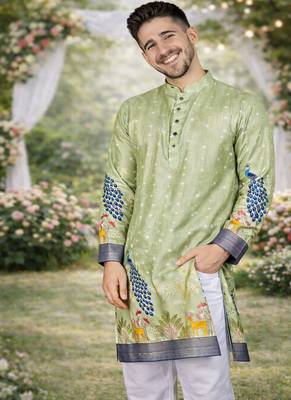 pista green patola foil print dola silk kurta pajama set for men | wedding & festive wear 1