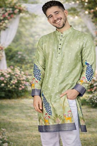 pista green patola foil print dola silk kurta pajama set for men | wedding & festive wear