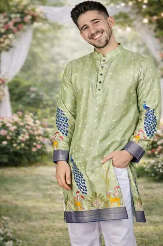 pista green patola foil print dola silk kurta pajama set for men | wedding & festive wear