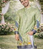 pista green patola foil print dola silk kurta pajama set for men | wedding & festive wear