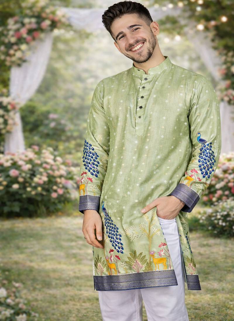 pista green patola foil print dola silk kurta pajama set for men | wedding & festive wear