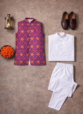 wine jacquard koti kurta pajama set for men 5