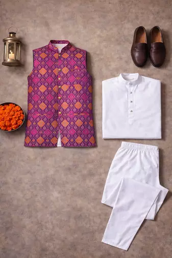 wine jacquard koti kurta pajama set for men