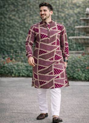 wine multicolour foil print cotton kurta pajama set for men | trendy ethnic outfit 2