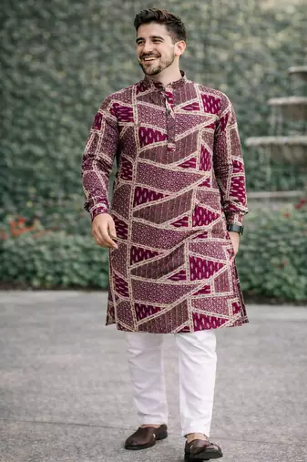 wine multicolour foil print cotton kurta pajama set for men | trendy ethnic outfit