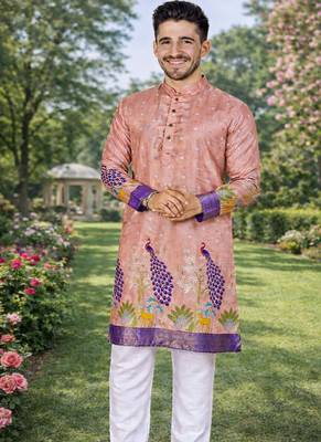 peach patola foil print dola silk kurta pajama for men | festive designer ethnic set 1