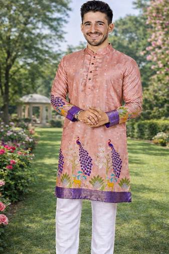 peach patola foil print dola silk kurta pajama for men | festive designer ethnic set
