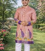 peach patola foil print dola silk kurta pajama for men | festive designer ethnic set