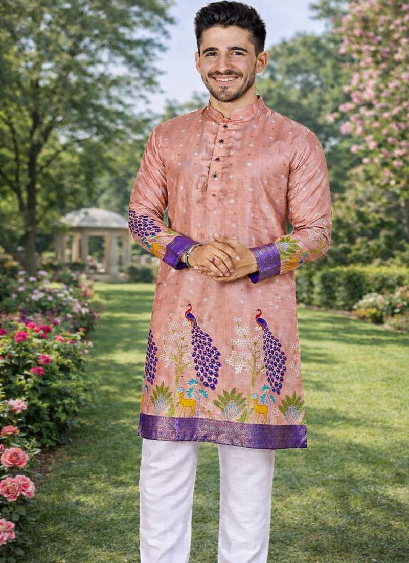 peach patola foil print dola silk kurta pajama for men | festive designer ethnic set