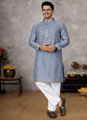 navy blue jacquard linen silk kurta pajama set for men 4