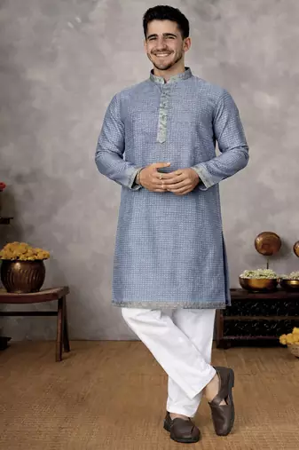 navy blue jacquard linen silk kurta pajama set for men