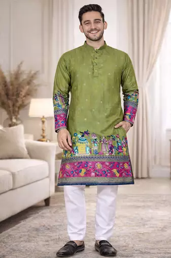 pista color patola print dola silk kurta pajama set