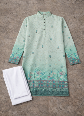 turquoise rayon cotton zari weaving kurta pajama 5
