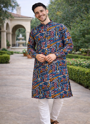 navy blue multicolour foil print cotton kurta pajama set for men 4