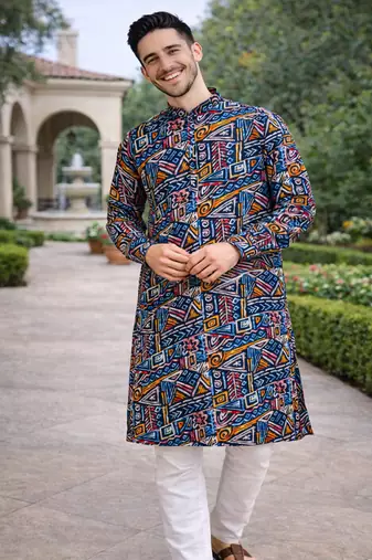 navy blue multicolour foil print cotton kurta pajama set for men