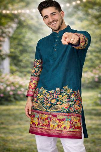 teal patola foil print dola silk kurta pajama set for men | festive & wedding wear