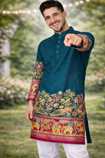 teal patola foil print dola silk kurta pajama set for men | festive & wedding wear