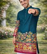 teal patola foil print dola silk kurta pajama set for men | festive & wedding wear
