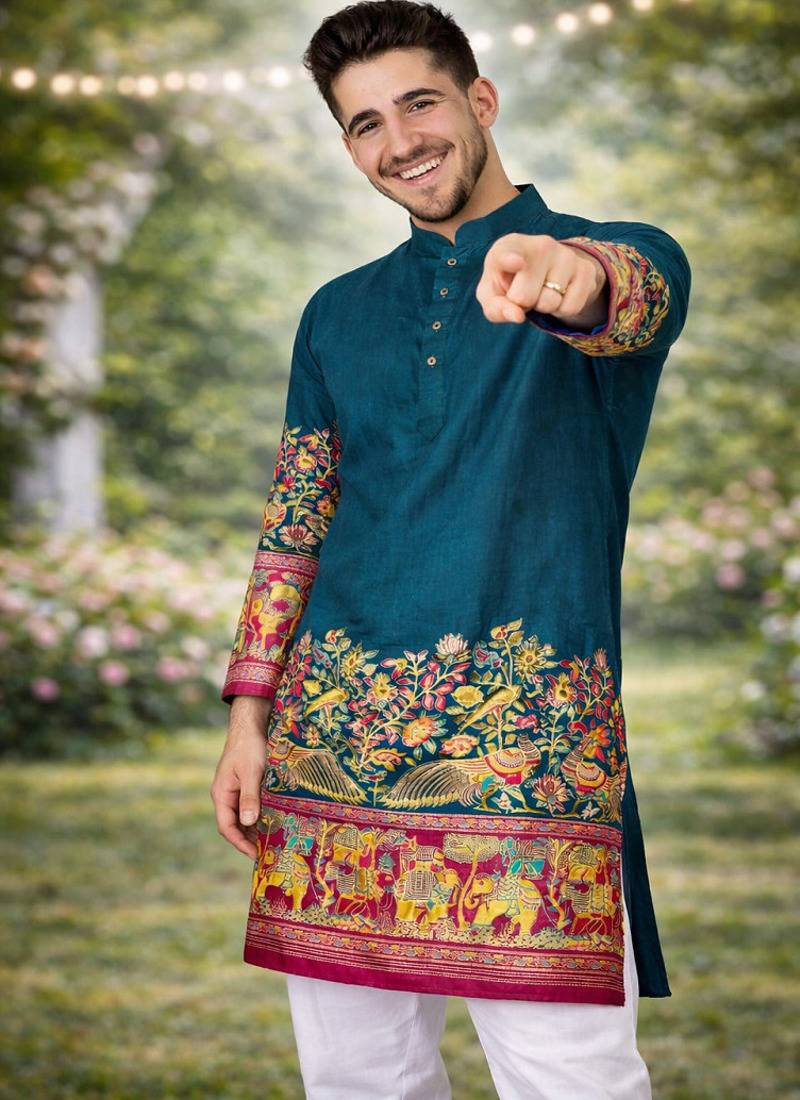 teal patola foil print dola silk kurta pajama set for men | festive & wedding wear