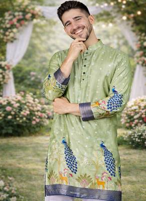 pista green patola foil print dola silk kurta pajama set for men | wedding & festive wear 2