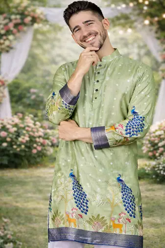 pista green patola foil print dola silk kurta pajama set for men | wedding & festive wear