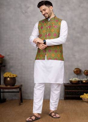 olive jacquard silk koti with cotton kurta pajama set for men | festive nehru jacket outfit 3