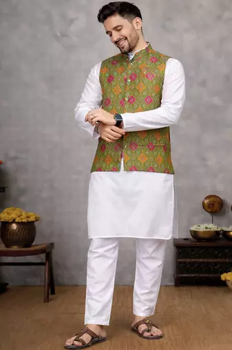 olive jacquard silk koti with cotton kurta pajama set for men | festive nehru jacket outfit