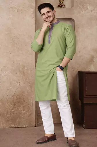 olive green jacquard linen silk kurta pajama set for men | classic ethnic wear
