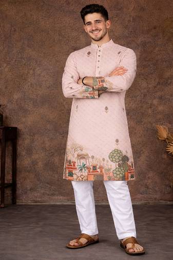peach zari weaving rayon cotton kurta pajama set for men | festive & wedding wear