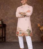peach zari weaving rayon cotton kurta pajama set for men | festive & wedding wear