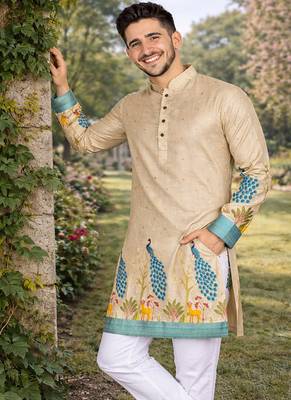 cream patola foil print dola silk kurta pajama set for men | designer ethnic wear 1